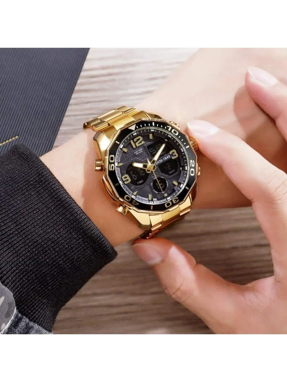 Mens Gold Analog Multi Times Military Stainless Steel Chronograph Digital Watch